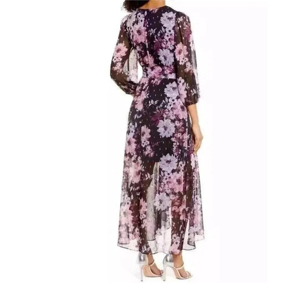 Eliza J Floral Metallic Fleck High Low Dress Puff Sleeve V-Neck Midi Tropical 10 - Picture 4 of 11